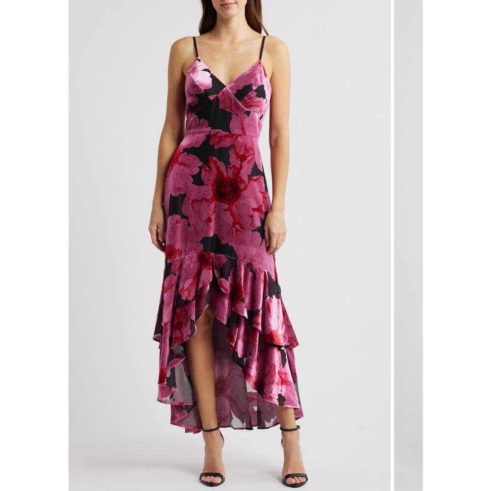 Hutch Floral Crushed Velvet High Low Ruffle Dress Pink Size 2